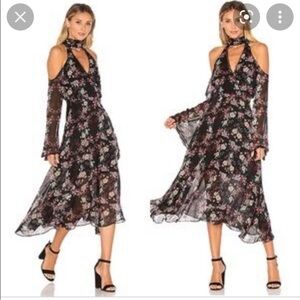 Nicholas Black Floral Print Silk Cold-Shoulder Bell Sleeve Midi Dress Size 8